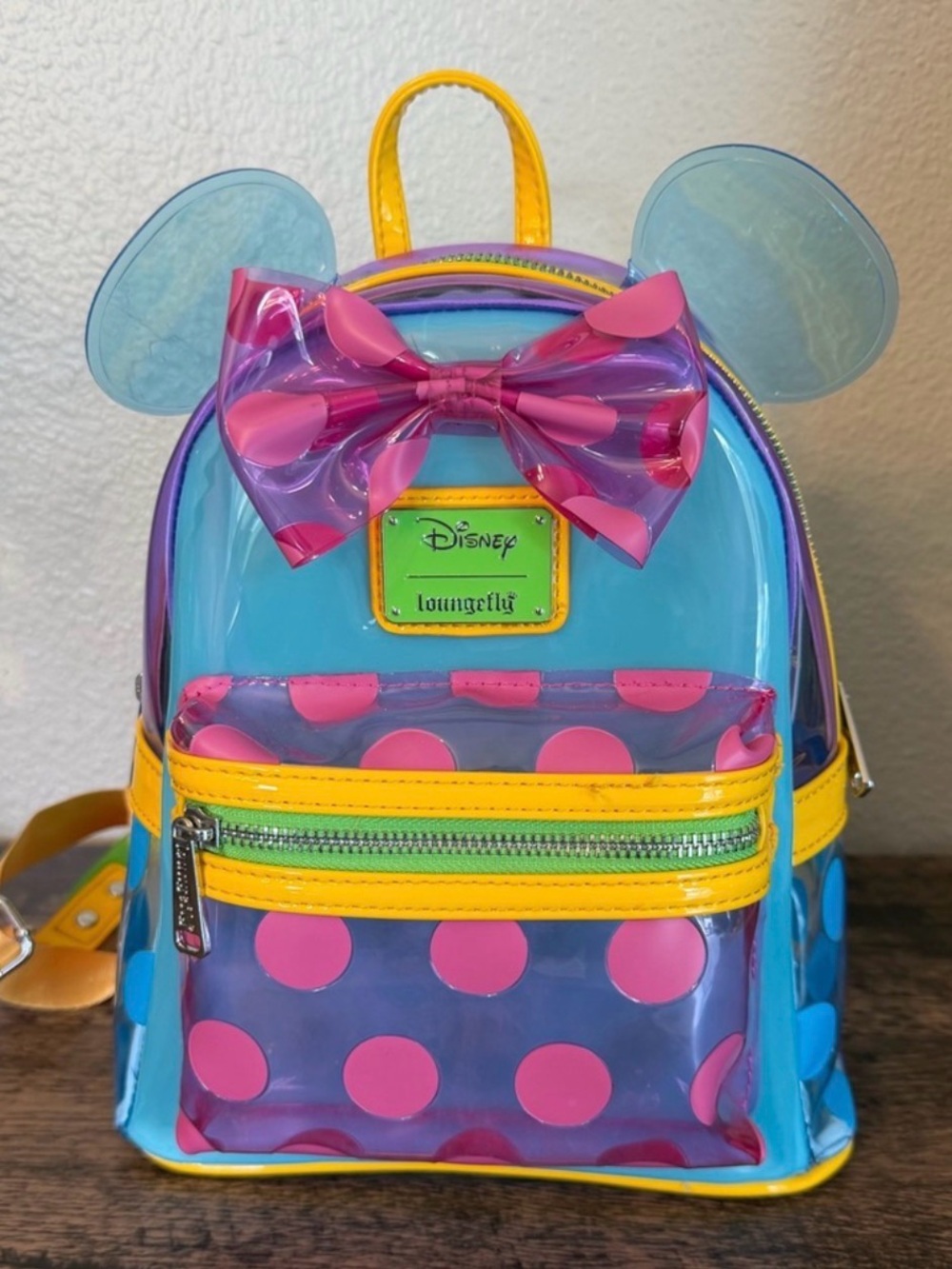 Loungefly Minnie Mouse Translucent Blue, Pink & Yellow Polka Dot Mini Backpack